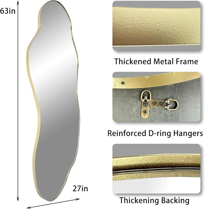 Large Irregular Wall Mirror, 63"x27.2" Asymmetrical Mirror with Gold Metal Frame, Organic Shape Mirror for Living Room Bedroom Hallway Entryway, Horizontal or Vertical Hanging