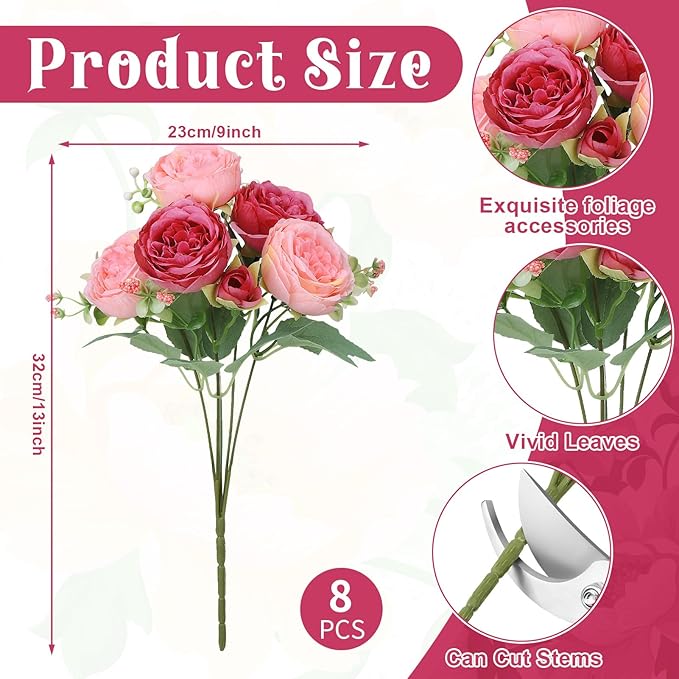 8 Pack Pink, Dark Pink Peonies Artificial Flowers, Fake Silk Hydrangea Bouquet for Bridal Wedding Home Table Decor Reusable Dining Opening Ceremony Birthday Arrangement Faux Floral