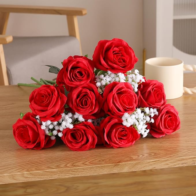 Veryhome Artificial Flowers Silk Roses Fake Bridal Wedding Bouquet for Home Garden Party Floral Decor 10 Pcs (Red Curved stem)