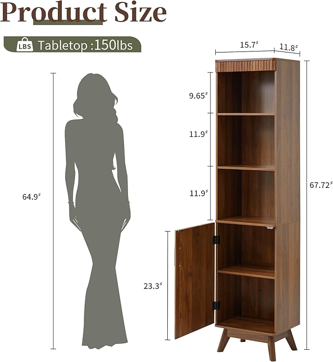Bifins 68" Tall Bathroom Storage Cabinet,Narrow Fluted Tower Cabinet with Door and Shelves,Slim Space Saving Storage Unit for Bathroom Kitchen Living Room (Walnut, 11.8" D x 15.75" W x 68" H)