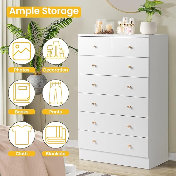 Karl home White 7 Drawer Dresser for Bedroom, Tall Dresser Chest of Drawers, Wood Bedroom Dressers Clothes Organizer, Anti-Tipping Device, Rose Gold Metal Handle, Living Room, Entryway, Office