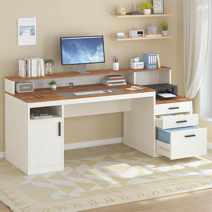 65 Inch Computer Desk with 3 Drawers & Storage Shelves, Executive Desk with File Drawer & Cabinet, Home Office Desk with Long Monitor Stand & Printer Shelf, Antique White