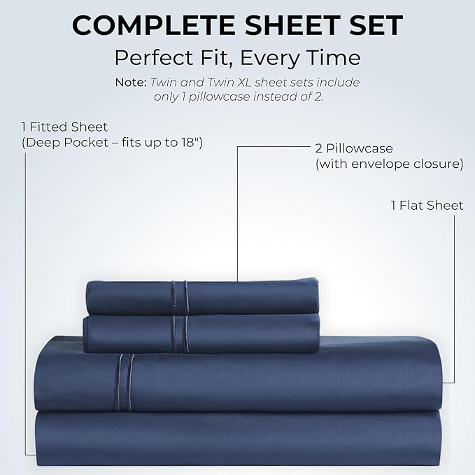 100% Natural Cotton Sheets Queen Size Bed Set | 500 TC Single-Ply Sateen Weave | Soft, Breathable, Hypoallergenic Solid 4-Piece Bedding with Deep Pocket Fitted, Flat, Pillowcase |Navy Blue