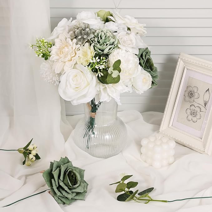 Artificial Flowers Combo Box Set Fake Flowers Dahlia White Roses Green Leaf with Stems for DIY Wedding Bouquets Baby Shower Party Home Decoration