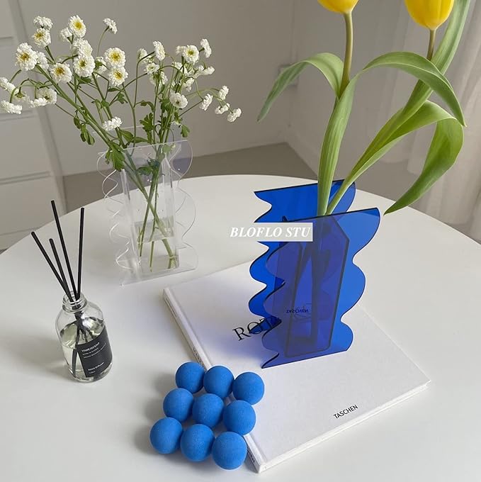 BLOFLO Klein Blue Acrylic Vase, Geometric Wave Shaped Vases for Flowers, Modern Contemporary Decor for Home Office Wedding