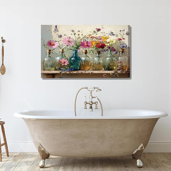 1Pcs Framed Retro Farmhouse Flowers Canvas wall art Colorful wildflowers Posters Prints Colored glass bottles Artwork Pictures Printing Wall Decor for Living Room Bedroom Bathroom Home Decoration