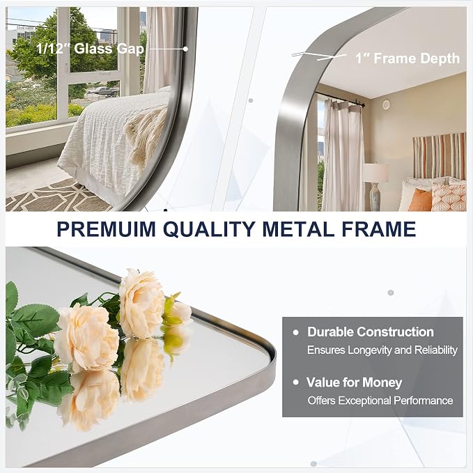 ANDY STAR Brushed Nickel Bathroom Mirror, 30x40” Oblong Mirror with Stainless Steel Metal Frame, Silver Oval Vanity Mirror for Over Sink, Modern Anti Rust Wall Mounted