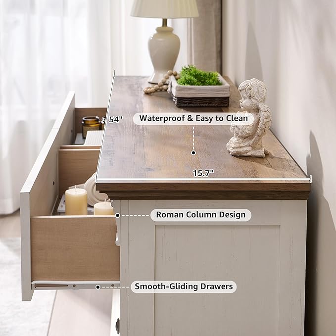 Farmhouse 6 Drawers Dresser for Bedroom, 54" Wide Large Dressers & Chests of Drawers w/Roman Column, Wooden Dresser TV Stand with Large Drawers for Nursery Bedroom Living Room Hallway, Antique White