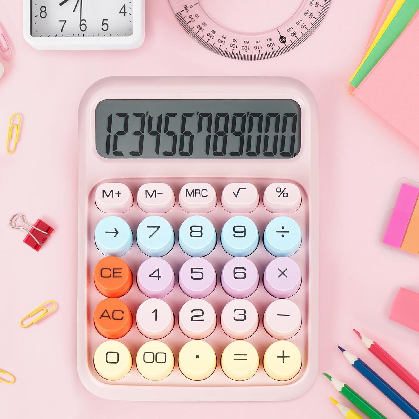 Skiennix Mechanical Switch Calculator - Large LCD Display, 12 Digits, Cute Pink Design for Home & Office