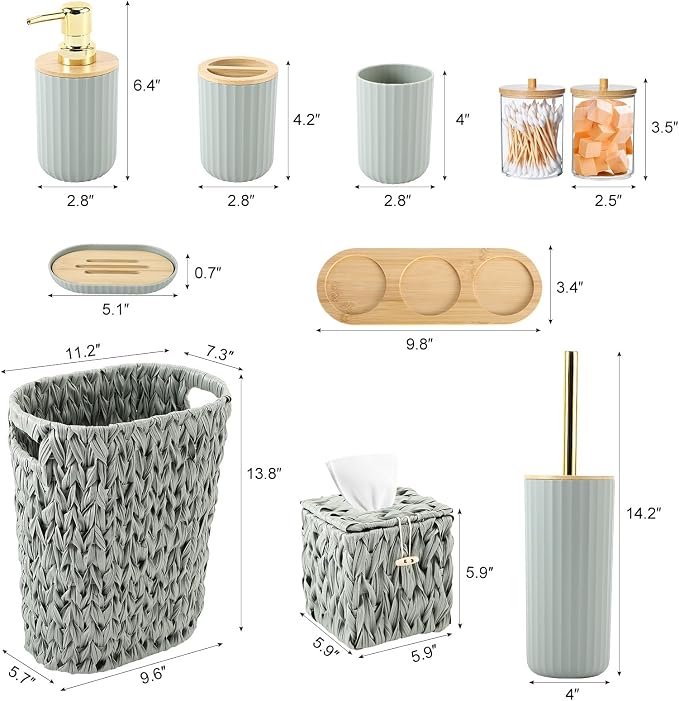 Bathroom Accessory Set, 10 Pieces Bath Set- Wicker Trash Can Tissue Box Soap Dish Toothbrush Holder Rinse Cup Lotion Bottle Toilet Brush Qtip Holder - Practical Bathroom Decor Sets (Sage Green)