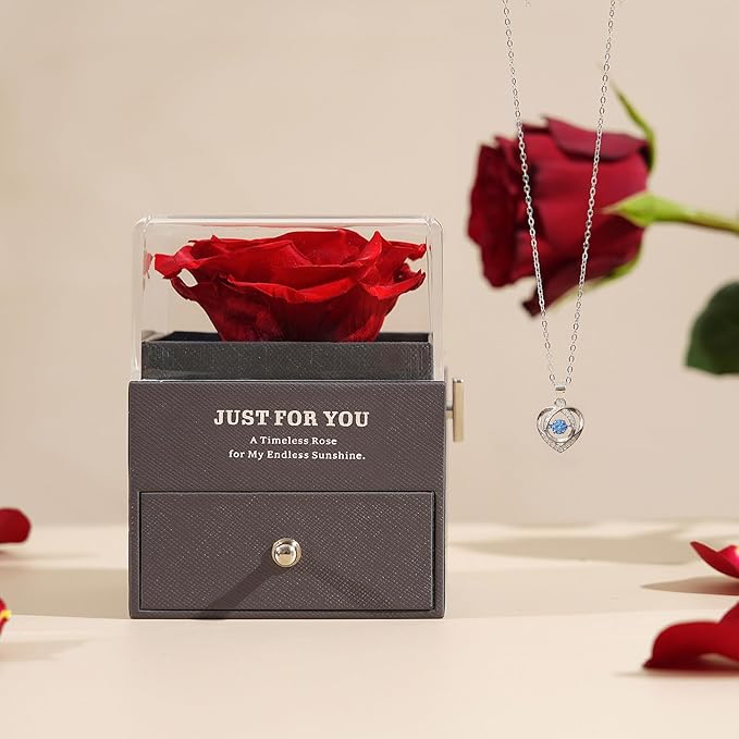 ADDWel Eternal Rose Gifts for Her - Preserved Rose with Silver Heart Pendant Necklace for Wife Girlfriend Mom | You are My Sunshine Music Box for Women - Perfect on Valentines, Birthday, Anniversary