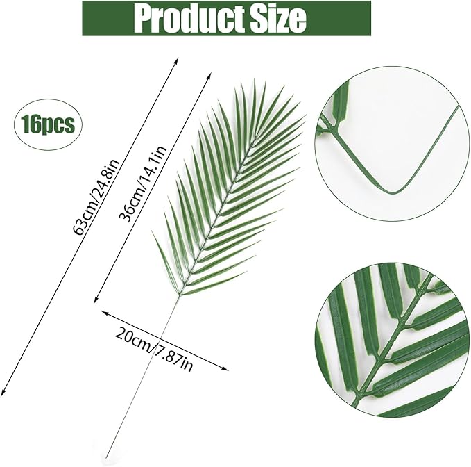 CCINEE 16 PCS Artificial Palm Leaves, Faux Large Palm Fronds Fake Tropical Plant Simulation Safari Leaves with Stems for Home Hawaiian Luau Party Jungle Beach Theme Party Decoration