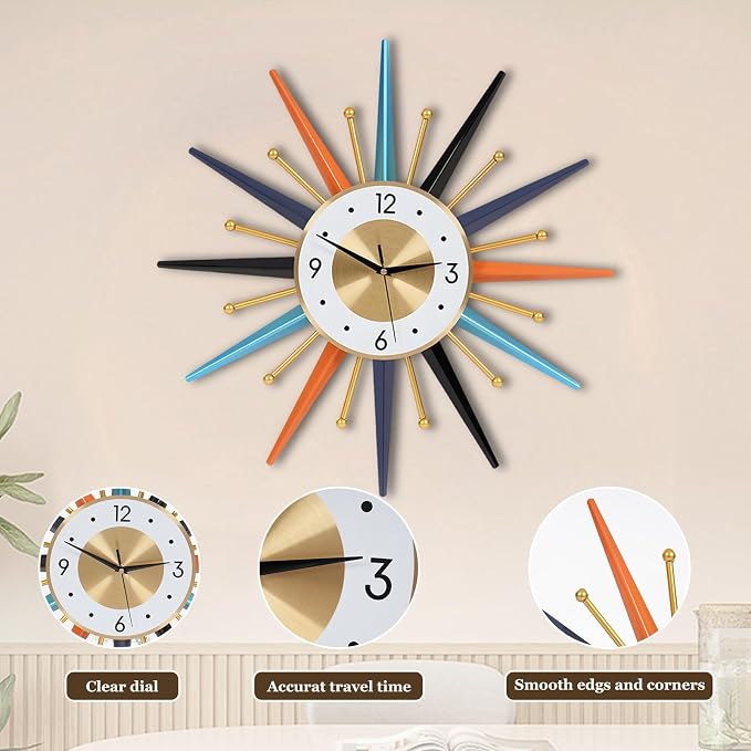 22-Inch Large Starburst Wall Clock – Mid-Century Modern Decorative Wall Clock, Silent Non-Ticking Quartz Movement, Battery Operated Colorful Clock for Living Room, Bedroom, Kitchen & Office