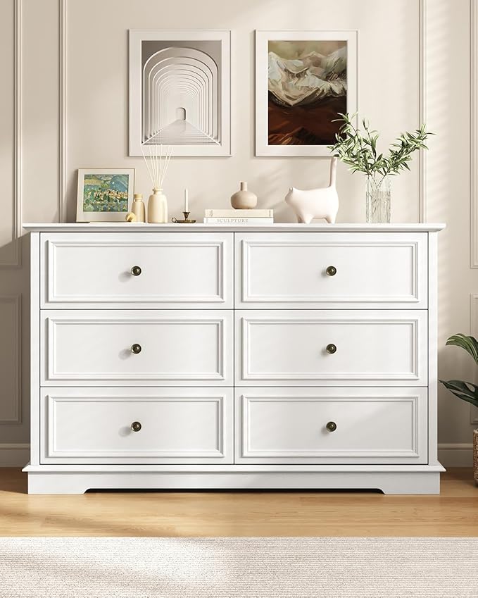 White Dresser, 6 Drawer Dressers for Bedroom, Wide Chest of Drawers with Deep Drawers, Closet Dressers with Metal Handle, Wood Dresser for Living Room, Hallway, Closet
