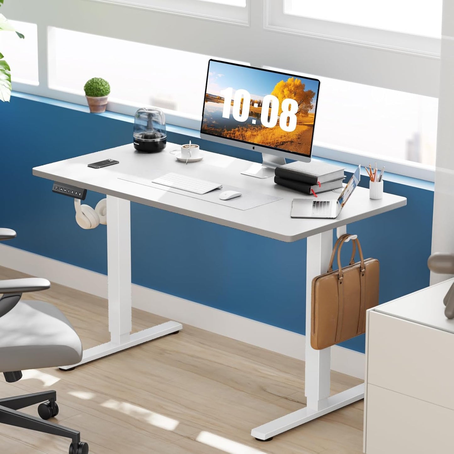 Sweetcrispy Electric Standing Desk - Adjustable Height 55x24 Inch Sit Stand Home Office Workstation | White Metal Frame