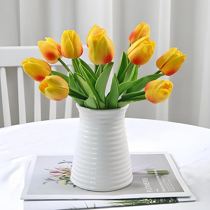 10pcs Yellow Mixed Red Artificial Flowers Fake Tulips 13" Silk Flower for Home Kitchen Wedding Decor Bouquet Decorations Office Floral Arrangements