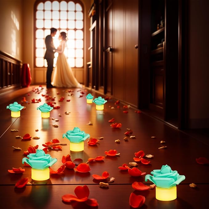 12 Pack LED Tea Lights Candles with Artificial Rose Petals, Flameless Battery Operated Candles,Romantic Decorations Special Night Set for Valentines,Wedding Decor (Green, 12 Pack)
