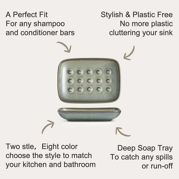 Miamolo Ceramic Soap Dish for Shower, Non-Slip Bar Soap Saver Tray Bar for Bathroom Kitchen Sink Bathtub, Easy to Clean, Dishwasher Safe, Raised Pattern - Keep Soap Dry, Dark Green