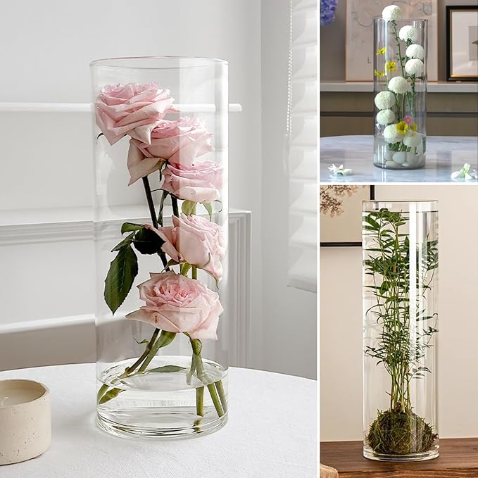 Acrylic Cylinder Clear Vases, Tall Large Plastic Flower Vase for Bouquet, Unbreakable Hurricane Vases Set of 3 for Centerpieces (D 6", D 4.8", D 4" + 3 Holder)