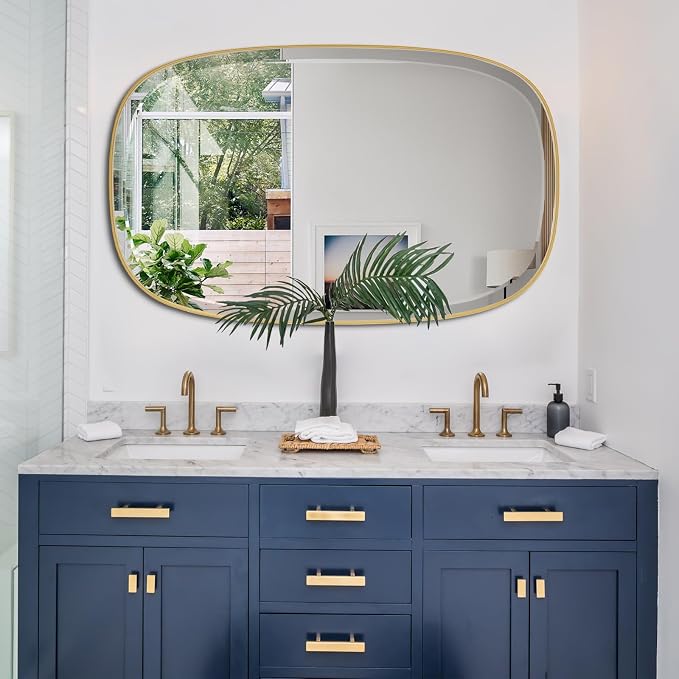 POZINO Beveled Bathroom Mirror, 40"x24" Oblong Vanity Mirrors with Stainless Steel Frame, Brushed Gold Rectangle Wall Mirror for Entryway Bedroom Hallway Living Room, Hangs Vertically or Horizontally