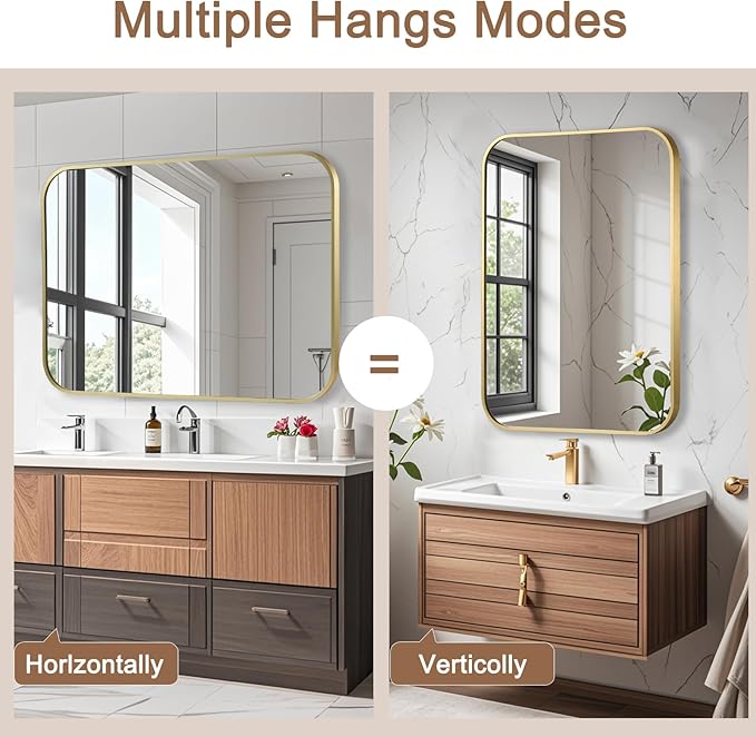 Brushed Gold Mirror, 22"x30" Rectangle Bathroom Mirror, Metal Frame Rectangle Corner Vanity Mirror, Wall Mounted Mirror for Modern, Living Room, Bedroom, Horizontal Or Vertical