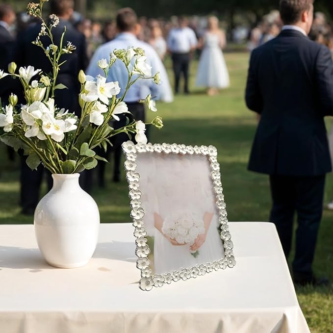 Vintage Floral Metal 4X6 Picture Frame with Enamel Finis Glass Front - Ornate Antique White Flowers Photo Frame Tabletop/Wall Display Gifts for Women Wedding