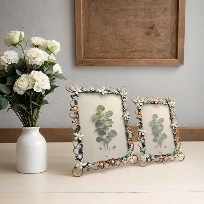 Vintage 5X7 Floral Picture Frames Luxury Unique Ornate Antique Metal Photo Frame of HD Glass for Tabletop/Wall Display Wedding Gifts for Women (Retro White Lace)