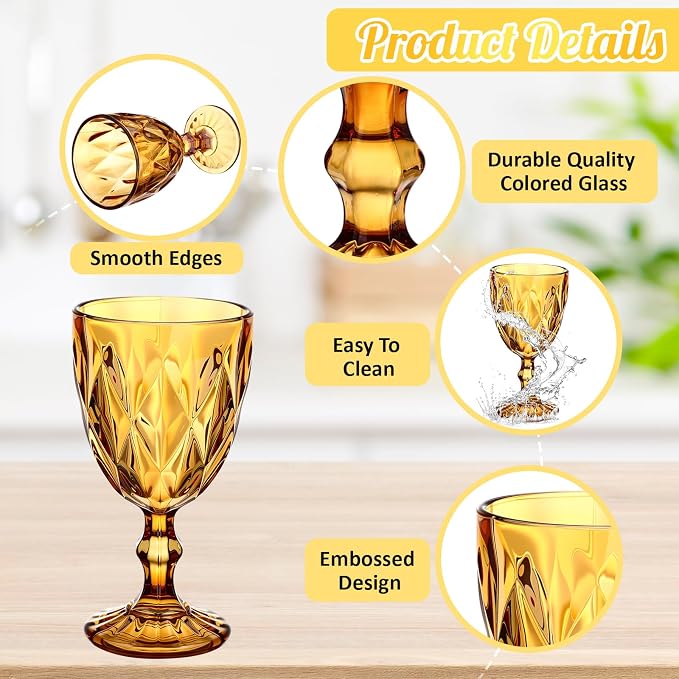 Yinder Glass Goblet Vintage Wine Goblet Embossed Glassware 10 oz Solid Color Glass Stemmed Cups for Iced Tea Beverage Soda Juice Water Liquor and Party Wedding Bars Restaurants(Amber,6 Pack)