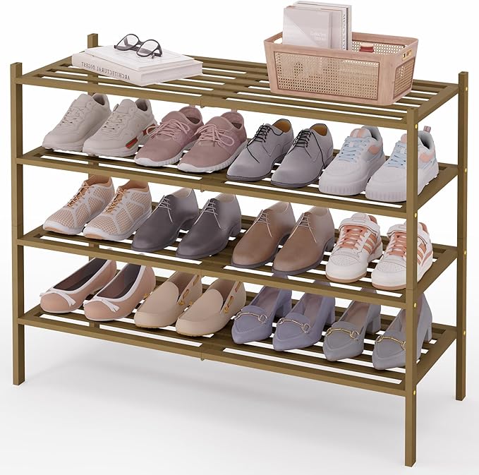 Smiry Long Bamboo Shoe Rack 4-Tier, Stackable Wooden Shoe Organizer for Entryway & Closet, Free Standing Wood Shoe Storage Shelf for Front Door & Small Spaces, Walnut