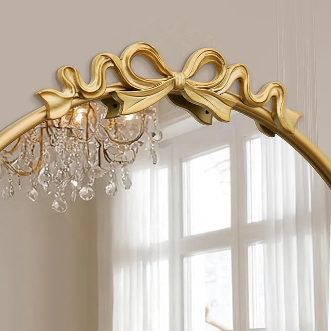 Besdomus Vintage Gold Mirror: 27" Bow Round Wall Mounted Mirror - Baroque Traditional Ornate Metal Framed for Entryway/Fireplace/Bathroom/Hallway - Home Decor for Fashion-Conscious