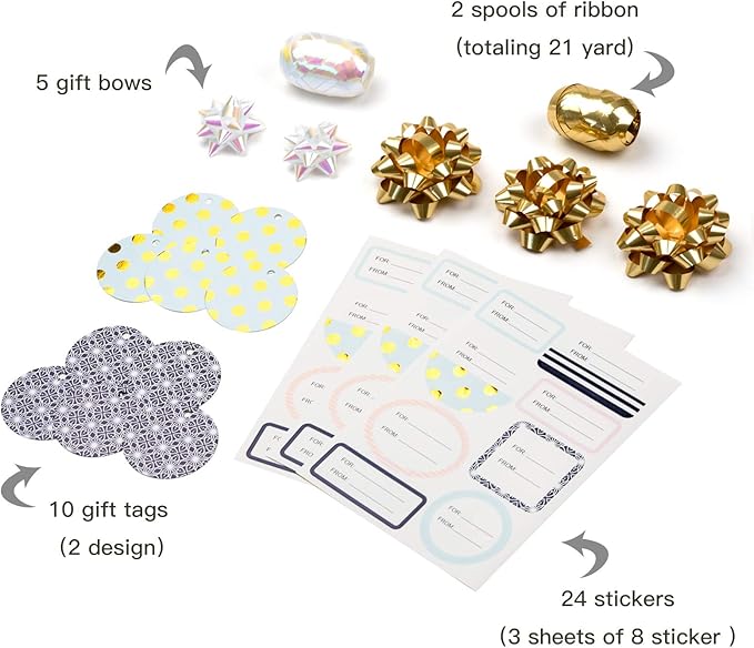MAYPLUSS Wrapping Paper Set - Mini Roll with Bow & Ribbon & Gift Tags & Stickers - 17 inch X 120 inch Per roll - Pink Gold Stripe, Blue Polka dots and Black Floral Design (42.3 sq.ft.ttl)