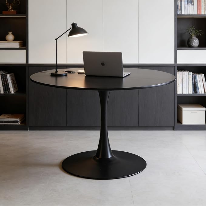 KEIKI 42.1" Round Dining Table, Mid Century Modern Bistro Table with Thickened MDF Tabletop & Metal Pedestal, for 4-6 People, Small Places, Cafe, Kitchen, Living Room, Black
