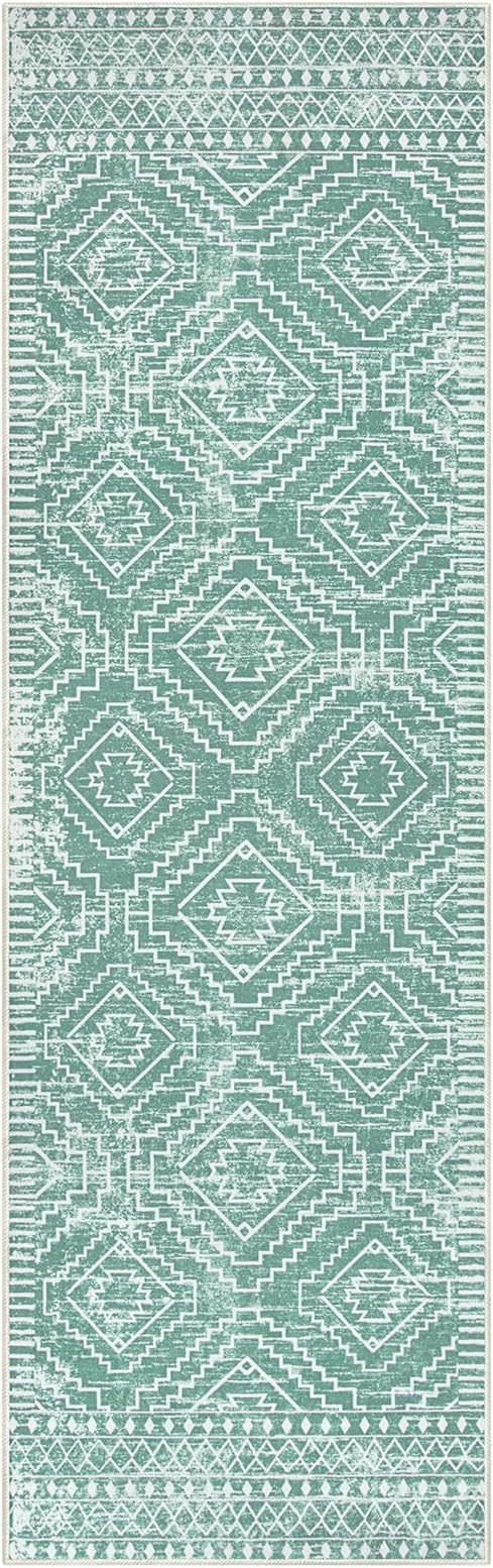 Wonnitar Moroccan 2'6"x8' Washable Kitchen and Bathroom Rug, Sage Green Boho Laundry Room Carpet, Thin Non-Slip Runner for Bedroom Hallway Closet (Mint Green, 2'6"x8')