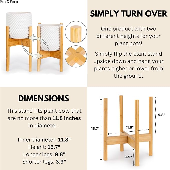 Fox & Fern Bamboo Plant Stand — 11.8 Inch Fixed Size Wooden Mid Century Planter Stand for Indoor Planters (Not Included) - Large Flower Pot Holder for Indoor Big Pots - Plug In Design - Bamboo