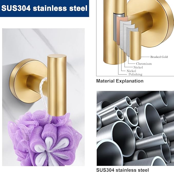 5 Pieces Brushed Gold Bathroom Hardware Accessories Set, SUS304 Stainless Steel 24 Inch Bath Towel Bar Set, Round Bathroom Towel Holder Set, Towel Racks for Bathroom Wall Mounted