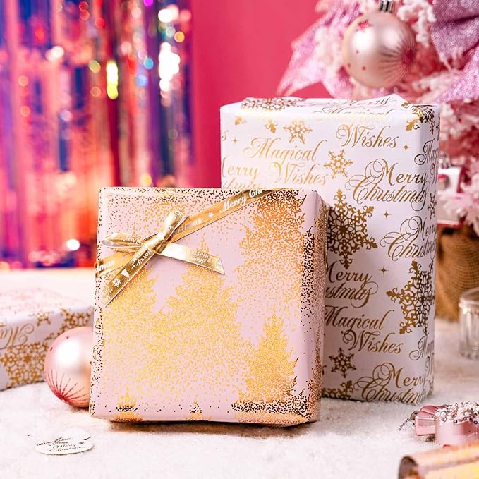 MAYPLUSS Christmas Wrapping Paper Roll, 17 Inch X 16.5 Feet Gift Wrapping Paper Featuring Gold Tree Reversible Snowflake Merry Christmas Thick Wrap Paper for Holiday Party New Year Kids