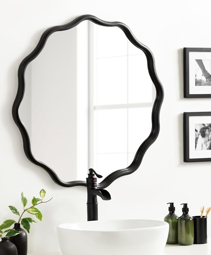 Kate and Laurel Talma Modern Round Scalloped Wall Mirror, 30 Inch Diameter, Black, Circle Mirror with Solid Poplar Wood Frame and Rounded Frame Profile