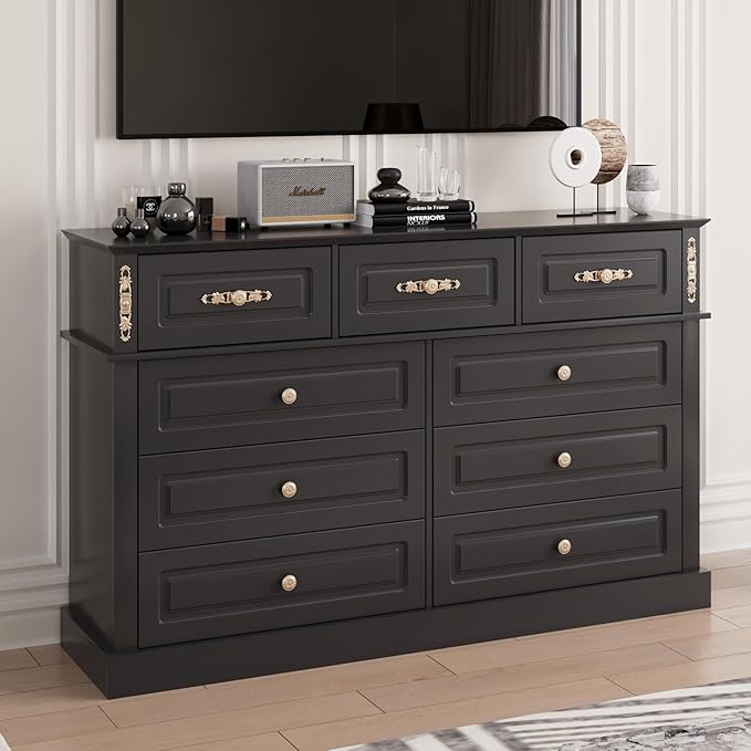 63Wx39H Large Dresser Black,9 Drawers Dresser for Bedroom, Retro Chest of Drawers with Gold Knobs, Wooden Storage Dressers, Bedroom Storage Organizer for Closet, Living Room, Hallway