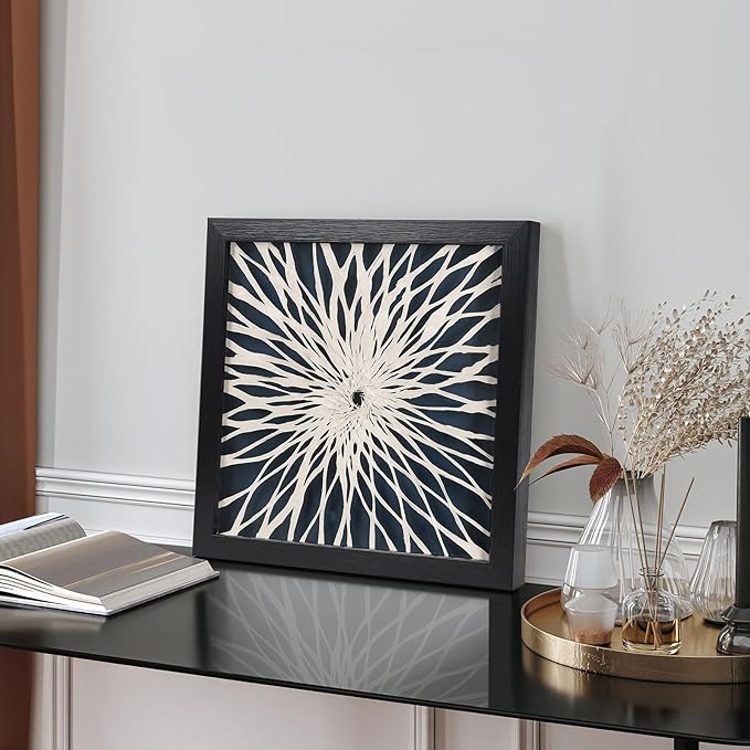 FOLKOR Framed Wall Art for Modern Home Office Apartment, 12" 3D Geometric Black and White Artwork, Natural Paper Abstract Starburst Shadow Box Wall Accent for Living Room Bedroom Classroom