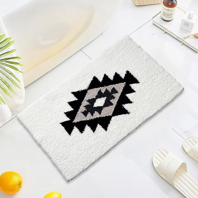 Boho Bath Rugs White Non Slip Washable Geometric Bath Mat Fluffy Soft Absorbent Bathroom Rugs for Bathroom Sink Shower Home Entryway Bohemian Farmhouse Decor 30"×20"