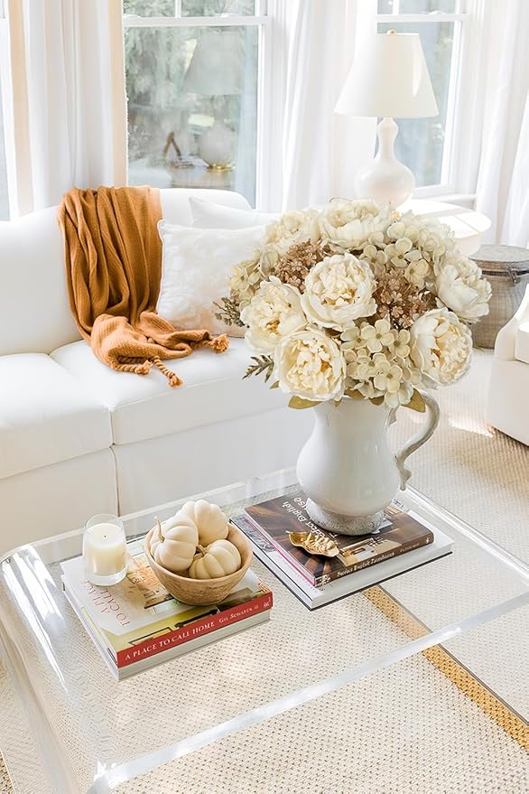 Hollyone 2Pcs Artificial Fall Flowers Bouquet 18.8" White Dried Peony Hydrangea Fake Fall Floral Silk Flowers Autumn Faux Flower Arrangement for Home Wedding Table Centerpiece Thanksgiving Party Decor