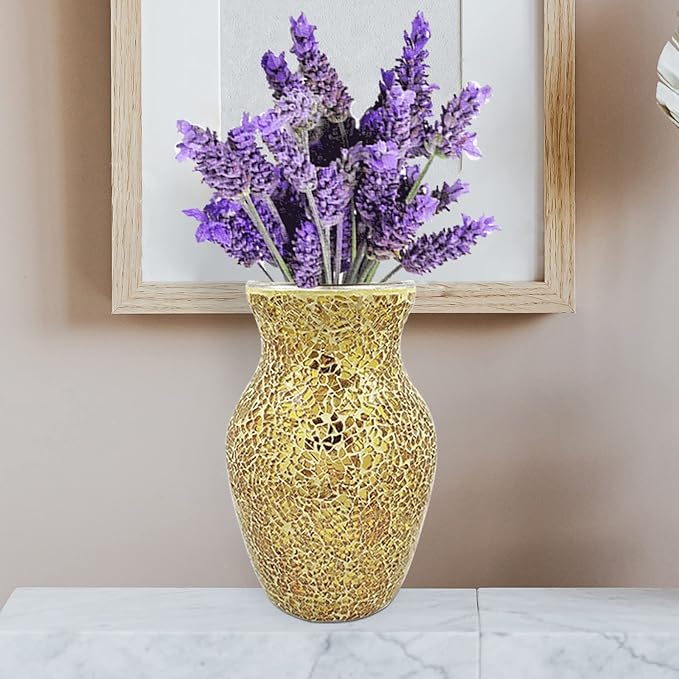 Mosaic Glass Vase, Gold Crackle Crystal Vase Handmade Flower Vase for Home Decor Centerpiece Wedding Table Decor 20.5cm Height