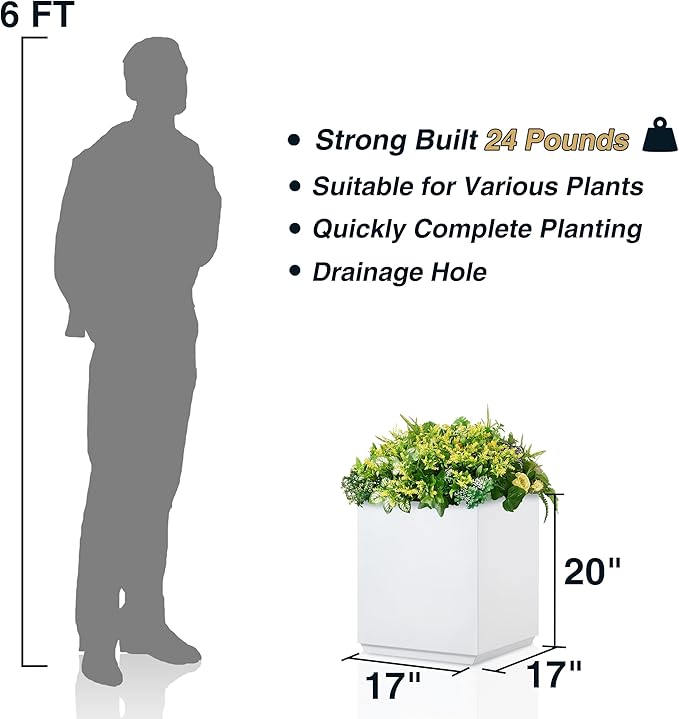 Wallowa Metallic Heavy Cube Square Planter, No Assembly Required, Seamless Large Outdoor Planter, Tall Plants and Flowers 17'Lx17'Wx20'H 24lbs White