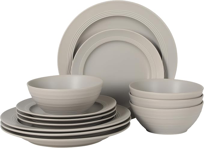 Gibson Elite Soleil 12 Piece Chateau Grey Stoneware Dinnerware Set for 4, Plates and Bowls Set with Dinner Plates, Salad Plates and Bowls