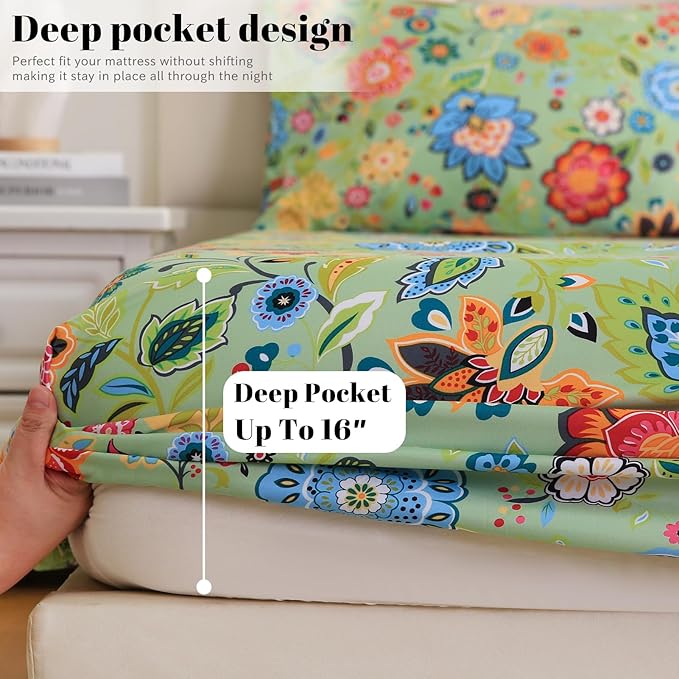 Bedlifes King Sheet Set Ultra Soft, Breathable, Silky Flower Deep Pocket 100% Microfiber Bedding, 4 Piece King Size with Floral Sage Green