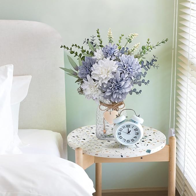 MARTINE MALL Fake Flowers in Vase, Faux Flowers in Vase, Dahlia Artificial Flowers in Vase Centerpiece Table Decorations Artificial Flower Arrangement for Home Dining Room Office Farmhouse, Blue