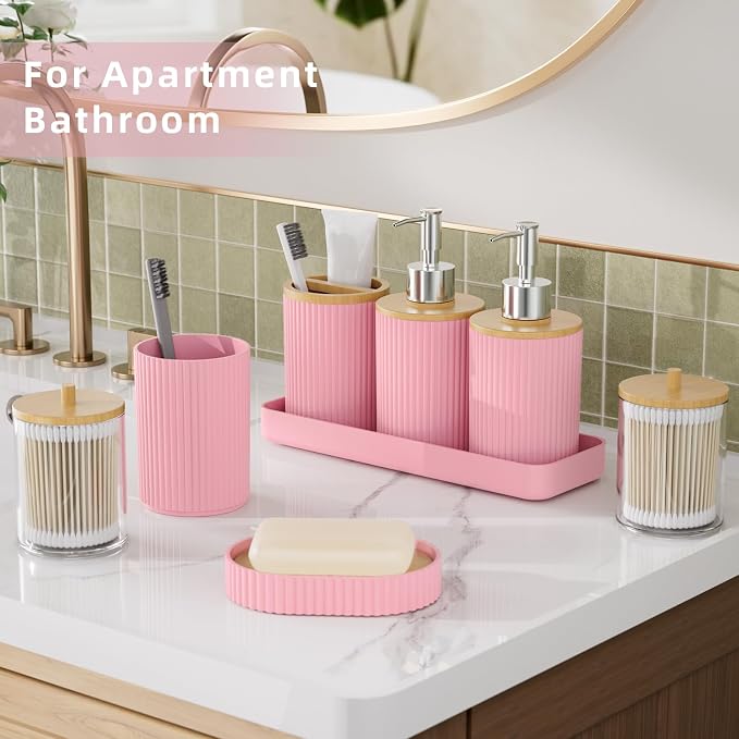 10PC Bathroom Accessories Set - Pink and Wooden Bathroom Sets, Bathroom Accessory Set with Pop Up Trash Can, Toilet Brush, Trash Can, Qtip Holder & Soap Dispenser