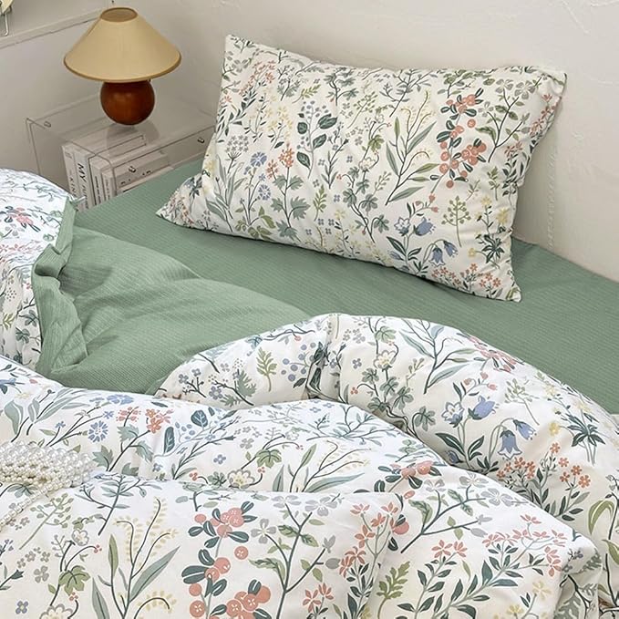 EAVD Vintage Style Garden Floral Duvet Cover Twin Girls Soft Cotton Chic Shabby Colorful Leaves Floral Bedding Set with 2 Pillowcases Fresh Botanical Duvet Cover with Zipper Closure