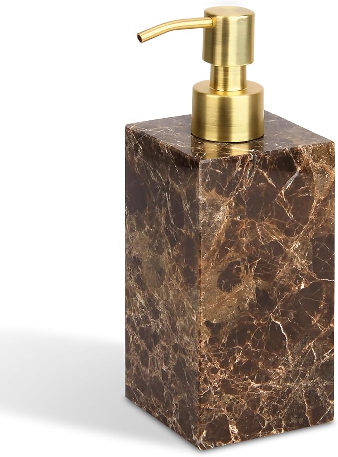 Natural Marble Soap Dispenser for Bathroom and Kitchen Countertop - 5.41 Ounces Hand Lotion and Liquid Stone Shampoo Laundry Bottle with Pump (1, Dark Brown, Rectangular Bottle)