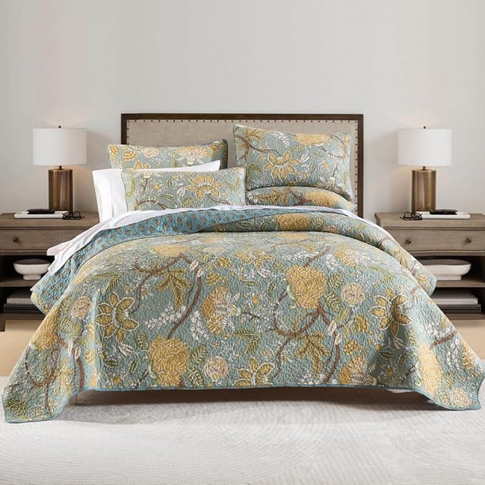 ENASAL Cotton Bedspread Quilt Sets Reversible Bedding Coverlet Sets Comforter, Vintage Floral Farmhouse Pastoral Turquoise Bedspread, Queen Size